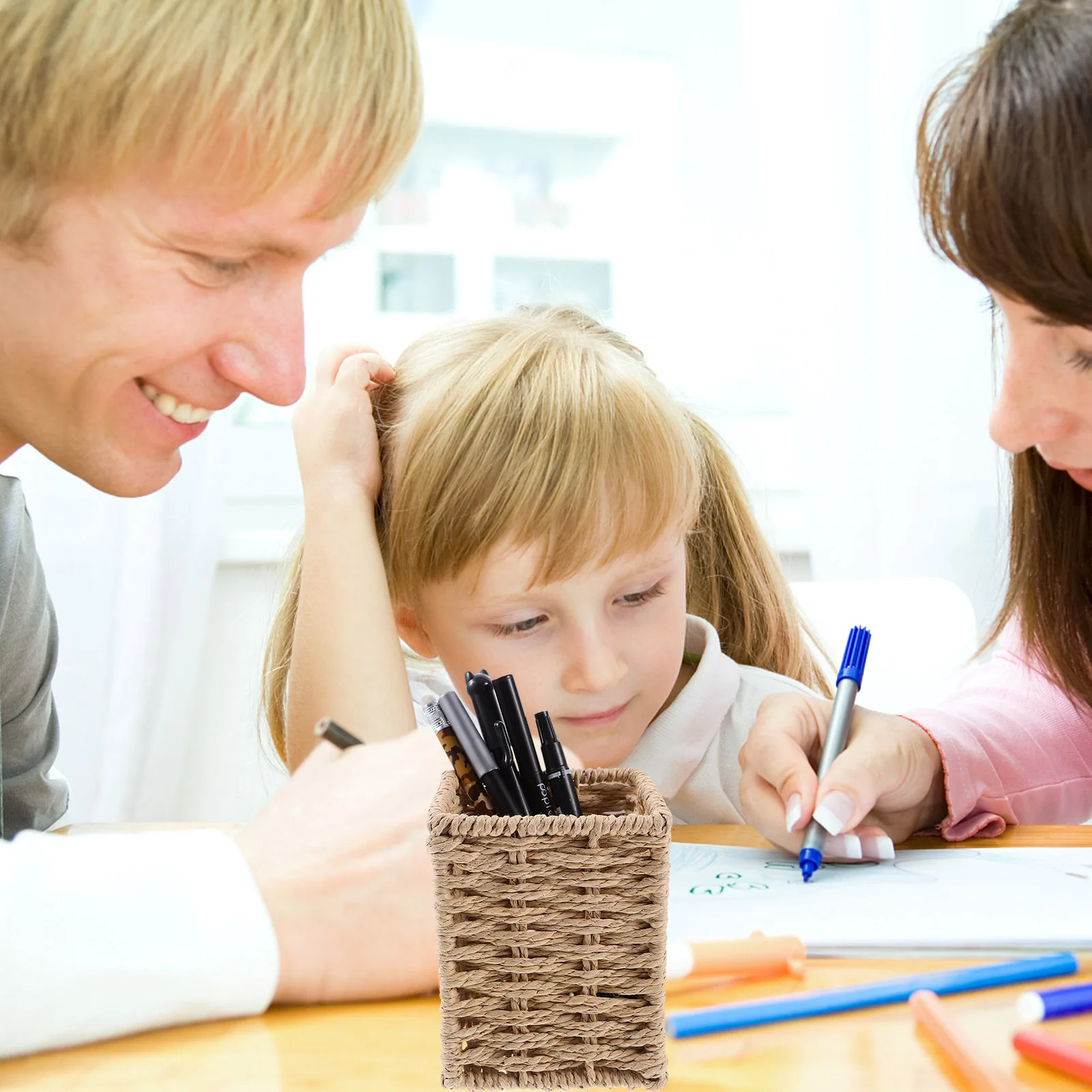 

2PCS Paper Rope Beige Small Desktop Pencil Holder Vertical Pen ganizer Desk Stationery Basket Woven Iron Material