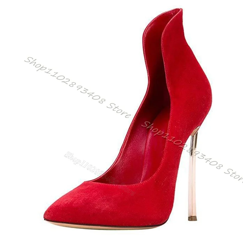 Red Flock Metal Stiletto Pumps Pointed Toe Solid Wedding Women Shoes Party Sexy Shoes Elegant Big Size Shoes Zapatos Para Mujere