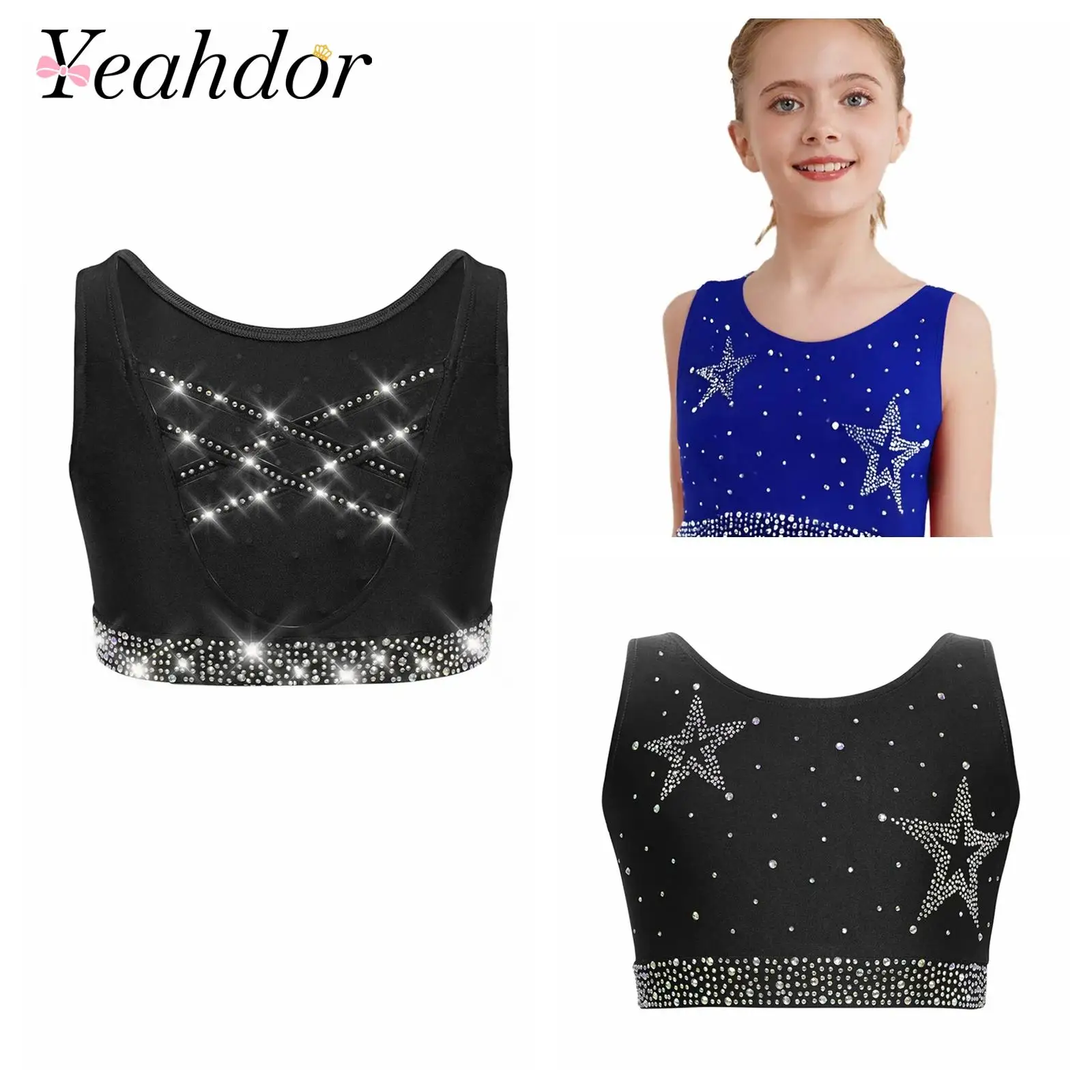 

Girls Tops Shiny Rhinestones Gymnastics Cropped Tank Top Kids U Neck Crisscross Back Vest Ballet Dancewear Gym Dance Costume