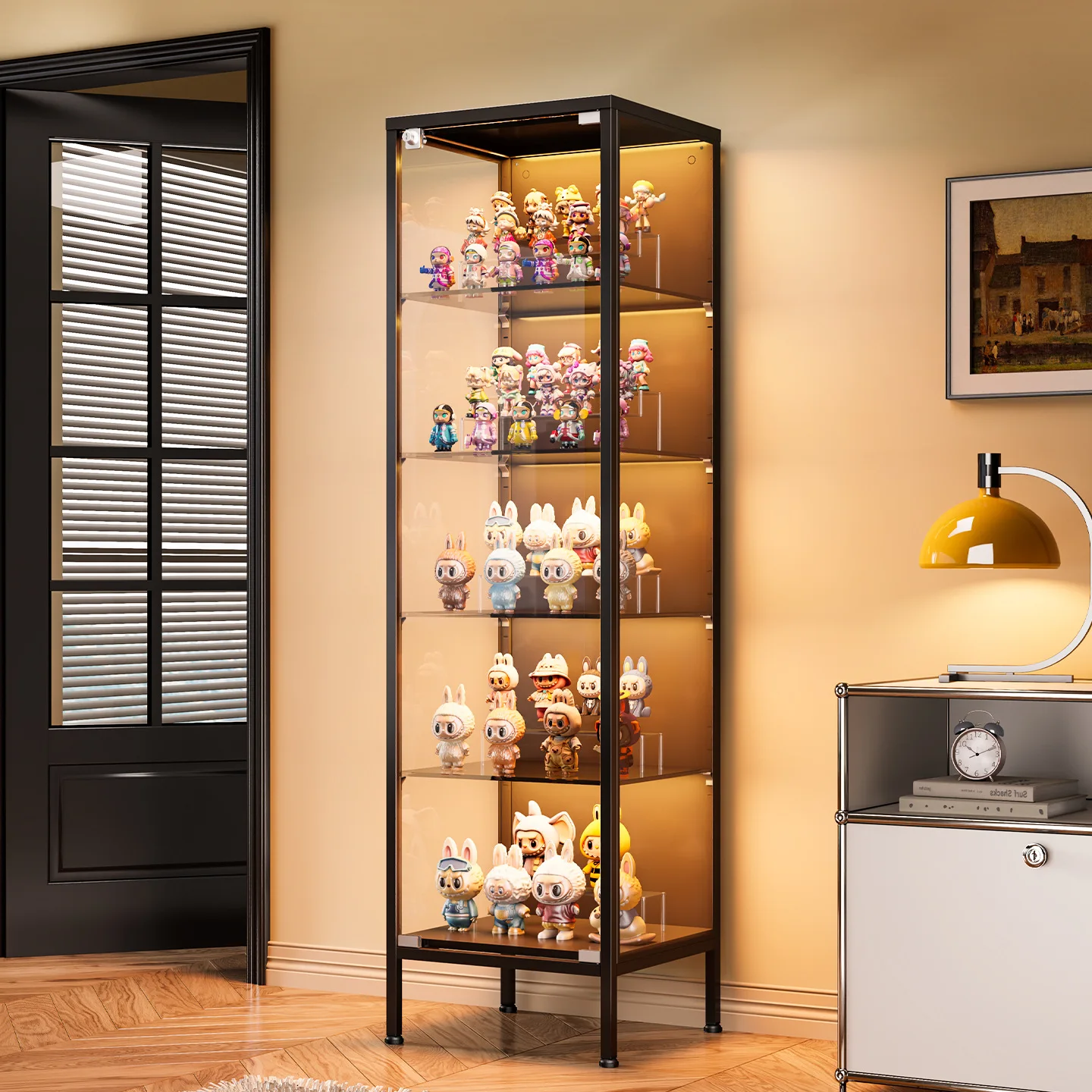 Display Cabinet with LED, Dustproof Transparent Glass, Storage for Action Figures, Blind Box, Collectibles, Lockable Organizer