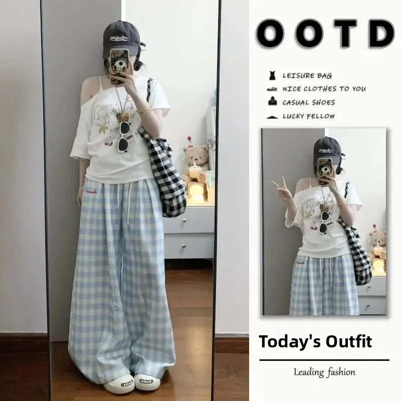 

Женские повседневные брюки Salt Series, лето 2026, в стиле Dopaamine, с высокой талией, широкими штанинами, вышивкой, стройнящие, длинные, из полиэстера