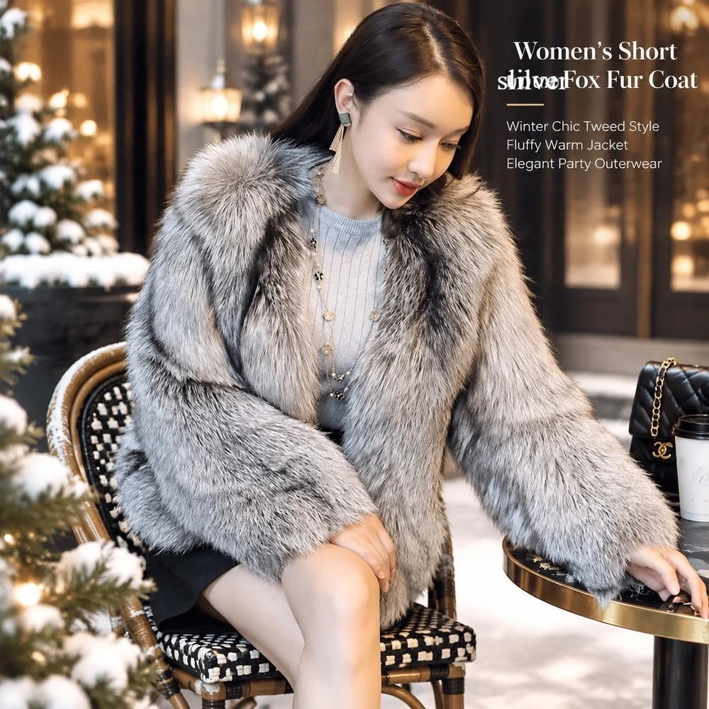 Abrigo corto de piel de zorro plateada para mujer, estilo tweed elegante, chaqueta cálida y suave, ideal para fiestas y como prenda de abrigo para el invierno.