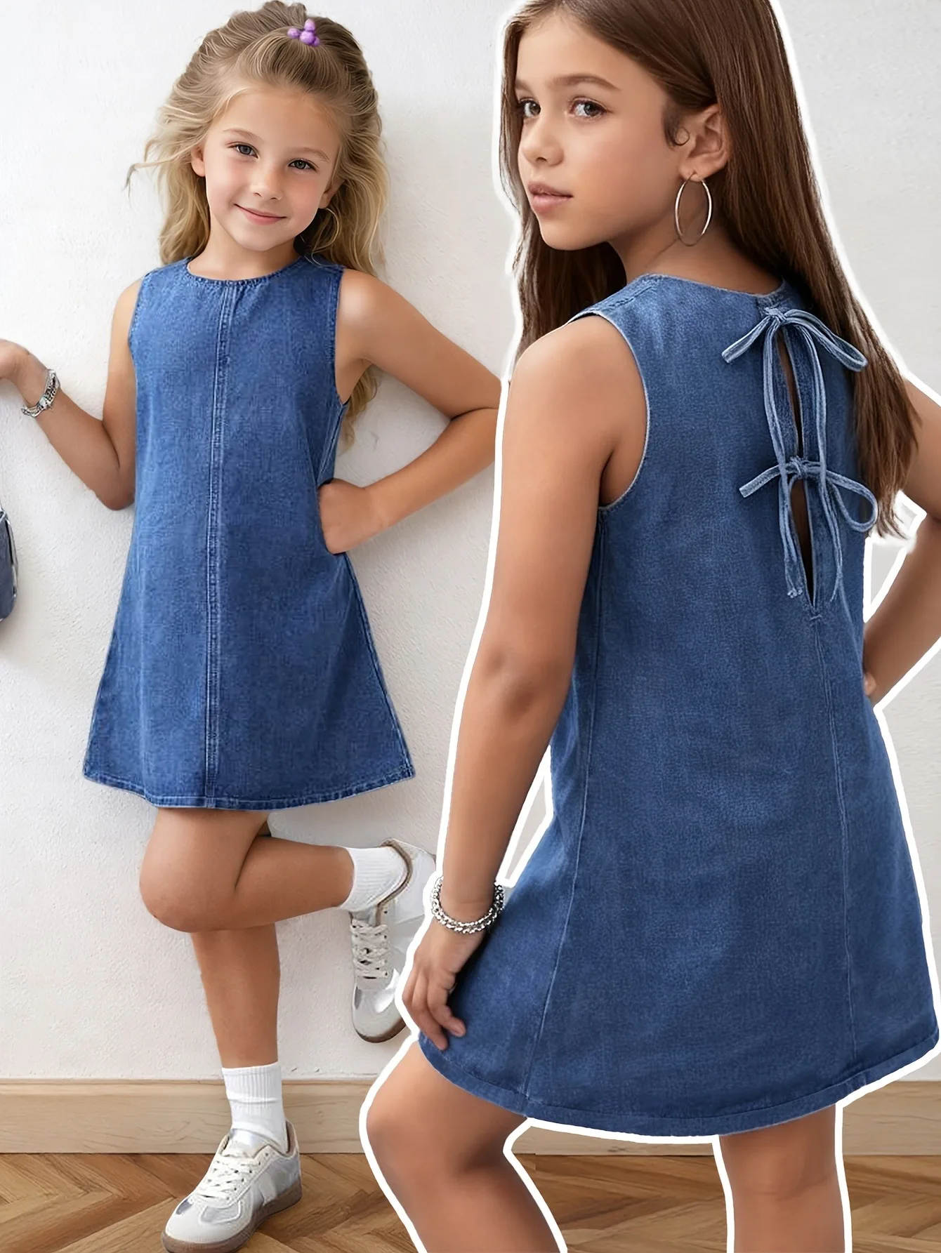 Girls Sleeveless Denim Dress Tie Back A-Line Shift Dress With Pockets Kids Summer Casual Dress