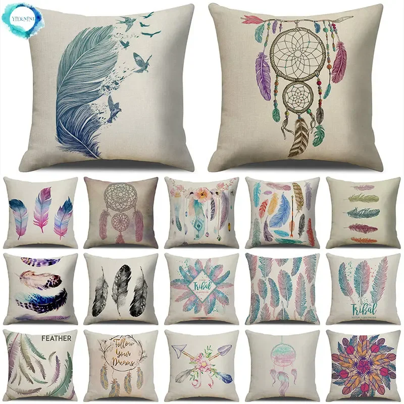 Colorful Feather Dreamcatcher Print Linen Throw Waist Cushion Cover Pillowcase Sofa Decoration Pillowcover Accessory Supplies