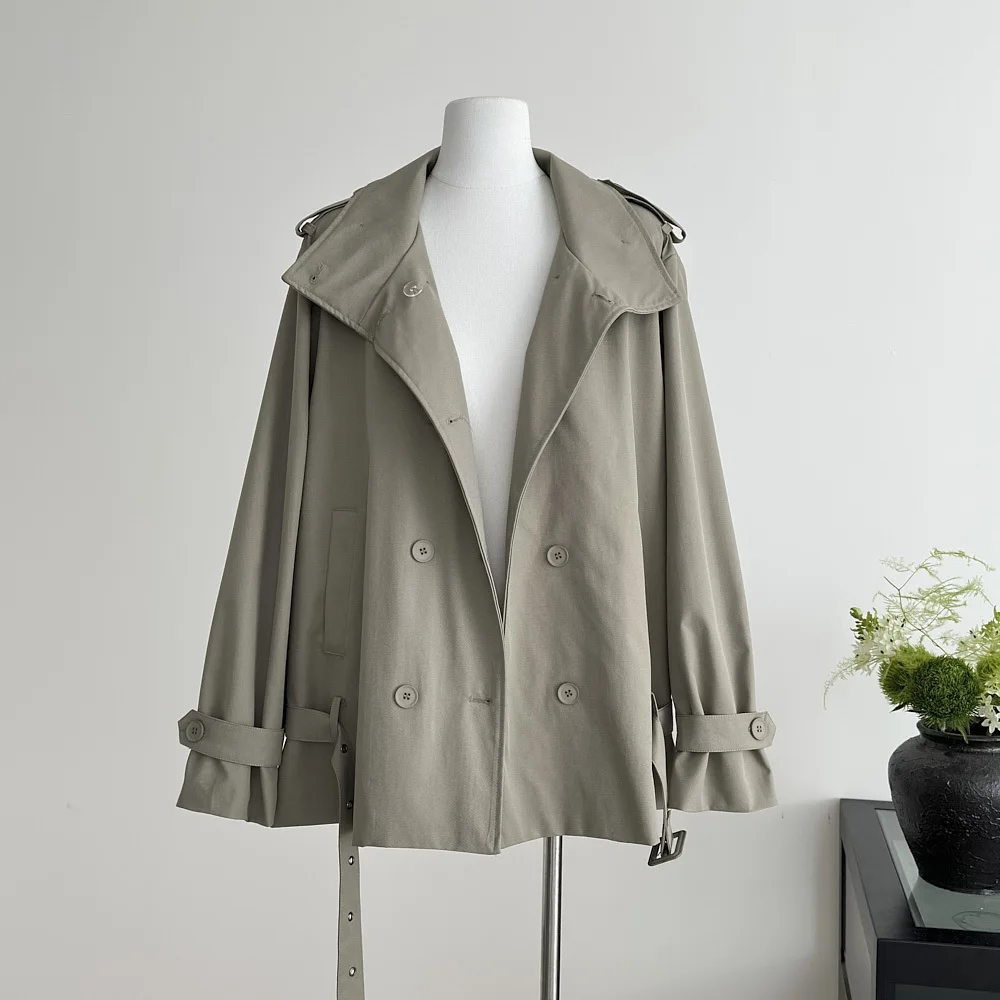 KWTX 2025 Women’s Short Trench Coat Stand Collar Double-Breasted Belted Solid Color Casual Fall Winter Premium Quality Pockets