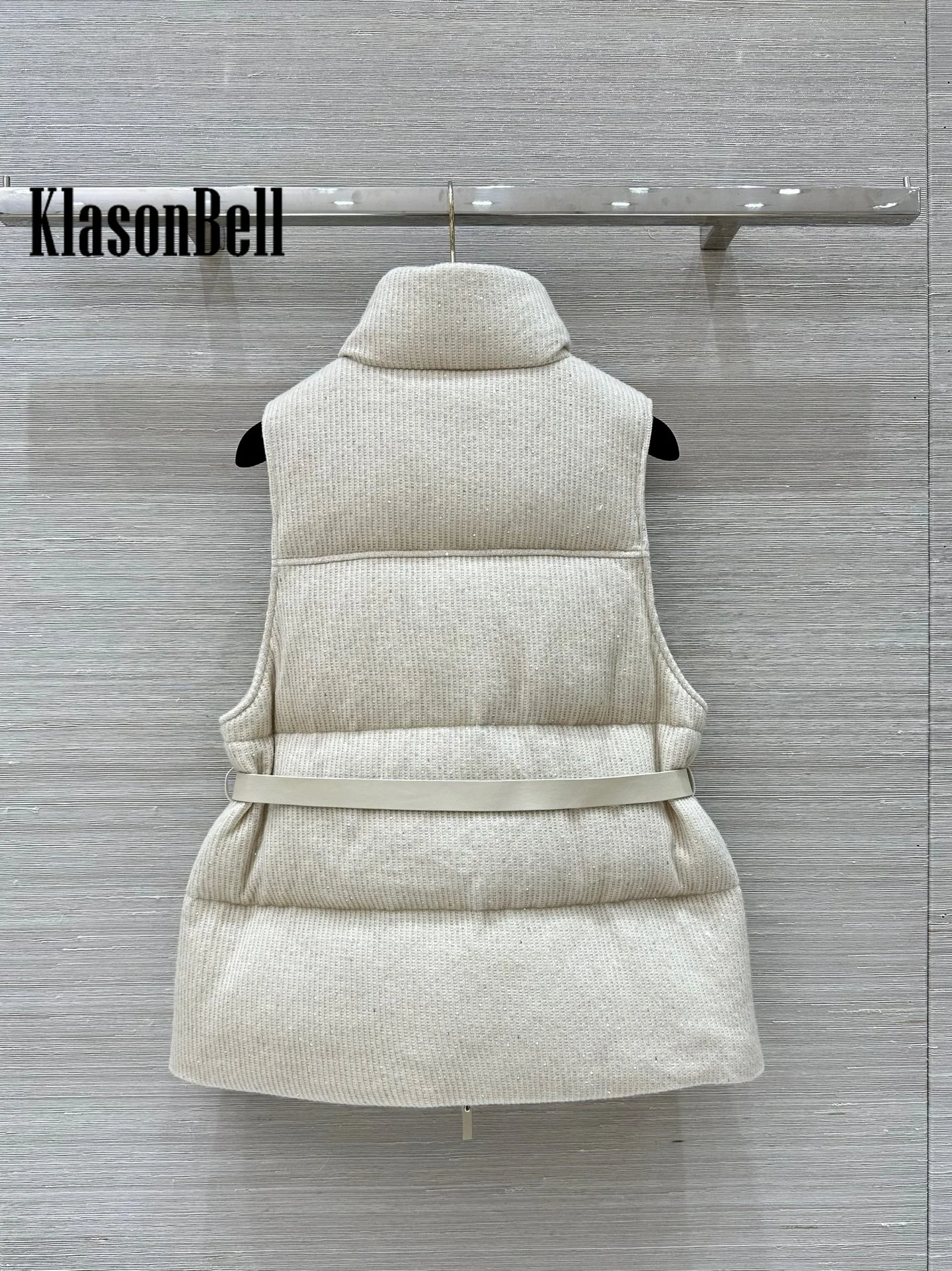 9.9 KlasonBell Women Stand Collar Wool Goose Down Vest With Real Leather Sashes Classic Sequins Cashmere Knit Down Zipper Vest