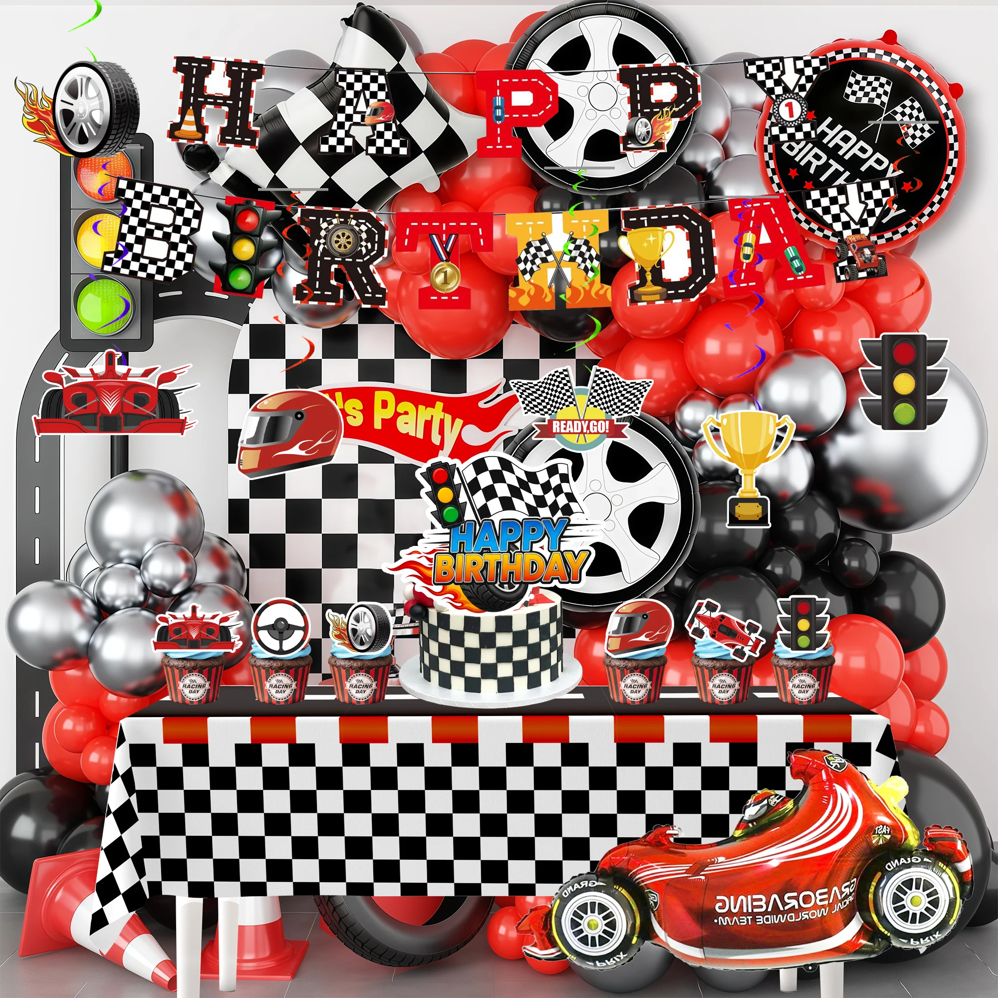 112 Pièces Décorations de Fête Thème Voiture de Course - Bannière, Ballons, Décorations de Gâteau, Guirlandes Suspendues, etc. pour Anniversaire Thème Voiture de Course