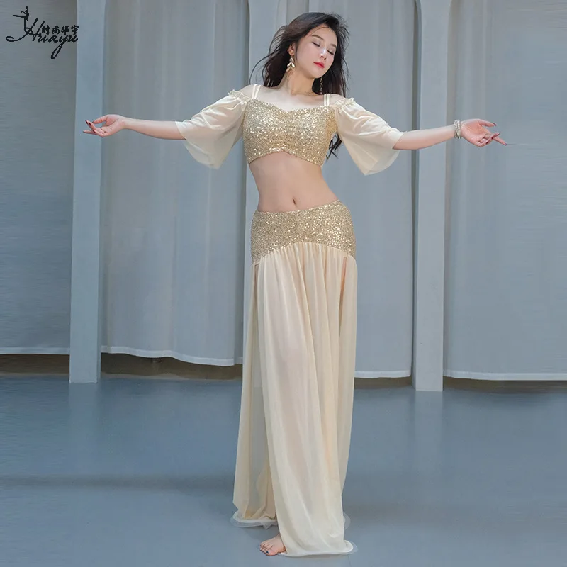 

Belly Dancing Practice Clothes For Women's Elegant Temperament Set Girls' Oriental Dance Advanced Sequin Mesh Training Costumes