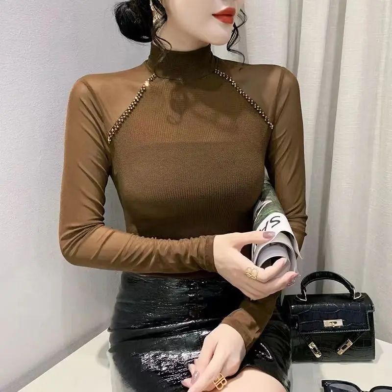 

Spring Autumn New Slim Fit Top Fashion Pin Bead Mesh Splice Long Sleeve T-shirt Women's Solid Color Bottoming Shirt