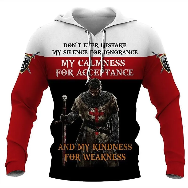 

Mens Graphic Hoodie Knights Templar Prints Daily Classic Casual 3D Pullover Holiday Going Out Streetwear Hoodies Black Red Drak