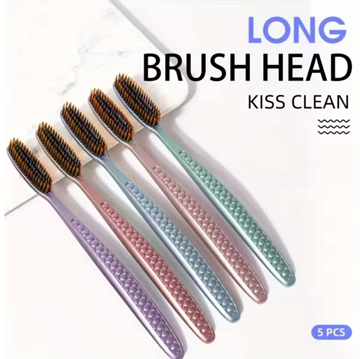 

soft bristled toothbrush 5pcs bag with curved extended brush head for deep oral cleaning in 5 colors for adults