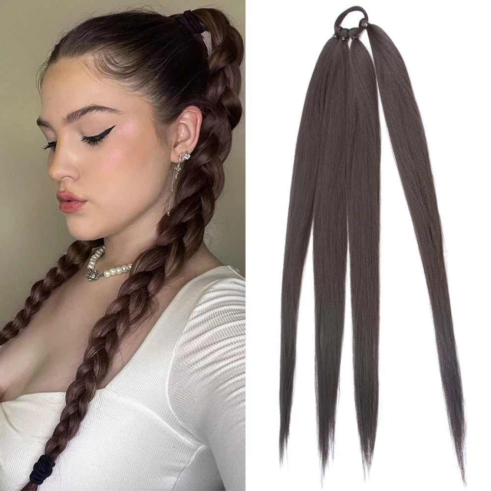 

Синтетические удлинители для хвоста Yaki, боксерские косички, 26 дюймов, коричневые, обернутые вокруг шиньон, хвост с резиновой лентой, косички для волос с эффектом омбре