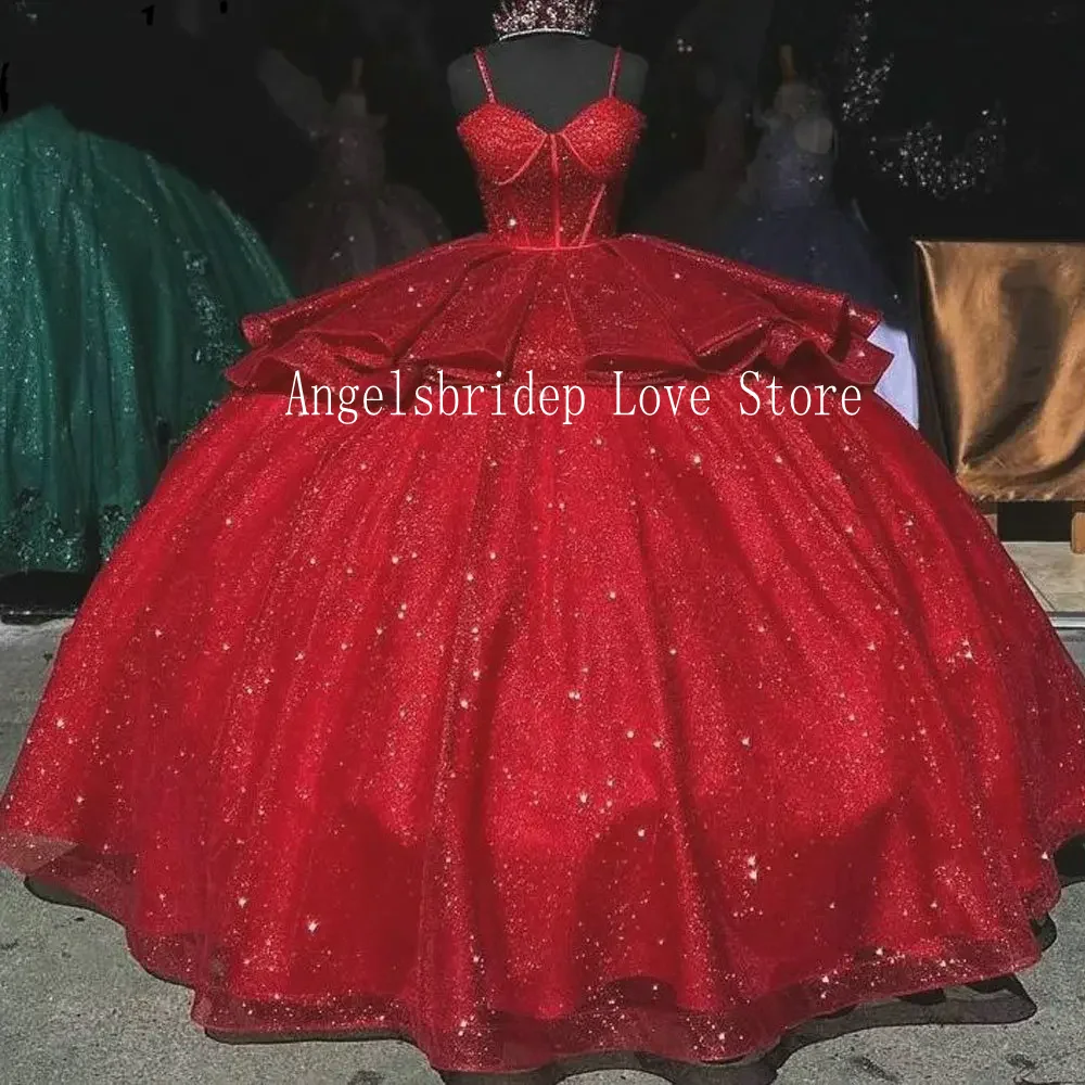 Angelsbridep-vestido de baile vermelho brilho para meninas, vestidos Quinceanera, vestes em camadas para aniversário, vestido de noite, 15 anos