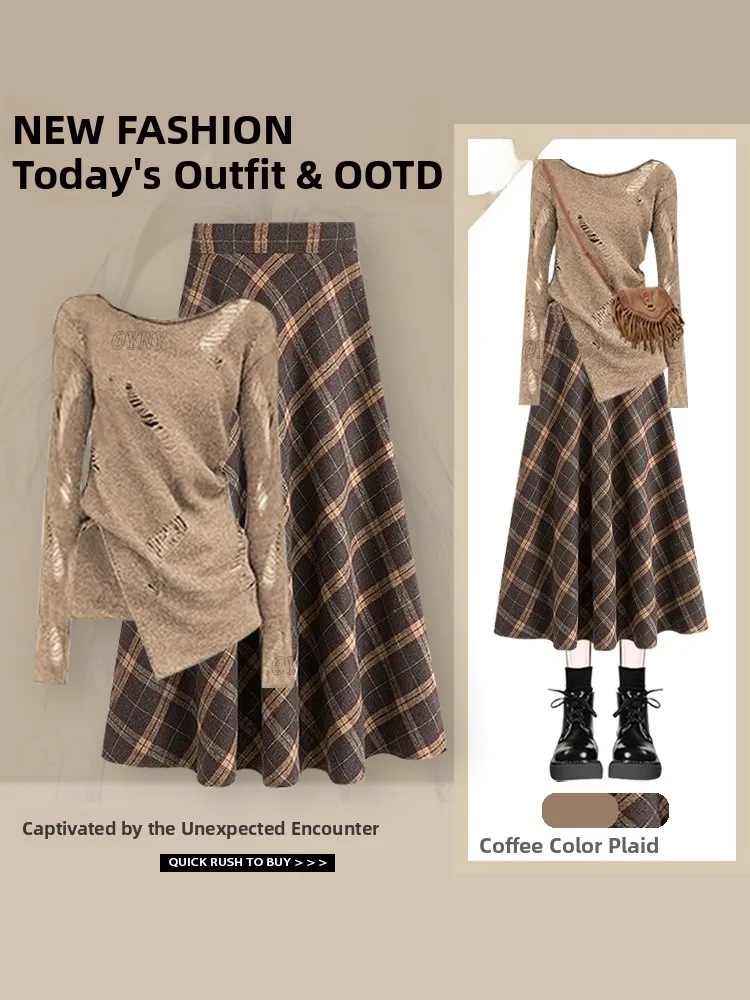 

Slimming Plaid Hollow out Long Sleeve Top And Skirt Two Piece Set Autumn New Arrival Fashionable Women's Ensemble