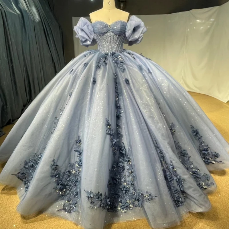 

Navy Blue Shiny Quinceanera Dresses Off The Shoulder Applique Flower Beading Crystal Tull Party Birthday Sweet 16 Dress Vestidos