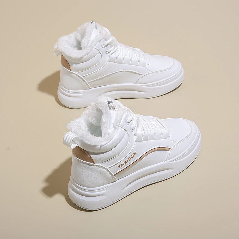 Women Fleece Lined High Top Sneakers 2026 Winter New Korean Style Thick Sole Warm Casual Board Shoes Ladies Footwear S