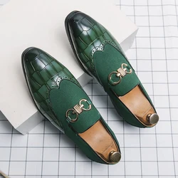 Mocasines verdes de otoño para hombre, zapatos de cuero nobuk sin cordones de marca de lujo con parte inferior gruesa y punta estrecha, zapatos de cuero de diseñador a la moda informales