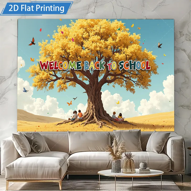 [2D شقة] 1 قطعة 4x16 بوصة علامة معدنية مرحبا بكم في العودة إلى المدرسة شجرة المشهد المعادن جدار ديكور فني 2D طباعة مسطحة