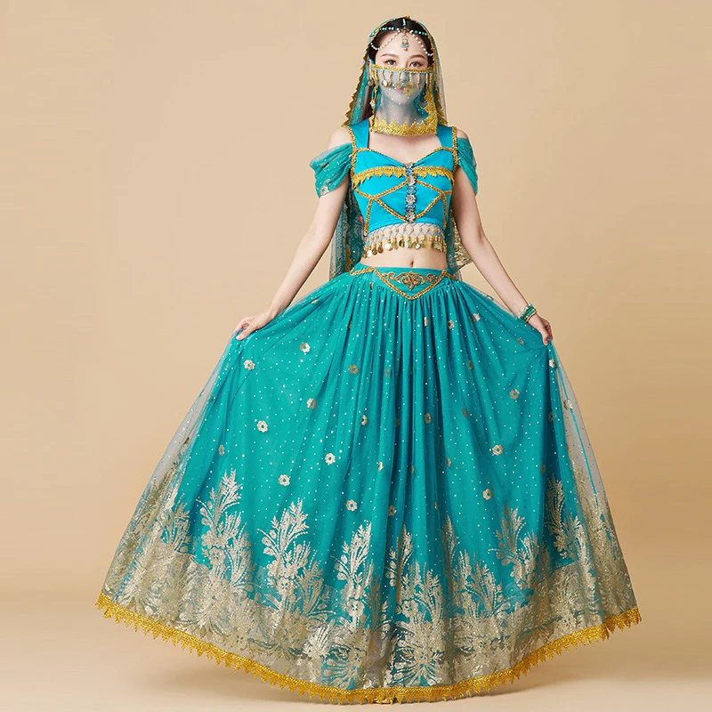 Costume de Princesse Indienne pour Femme, Robe de brevdu Ventre, Manches Courtes, Haut Transporté + Jupe Longue, pour Spectacle d'Halloween