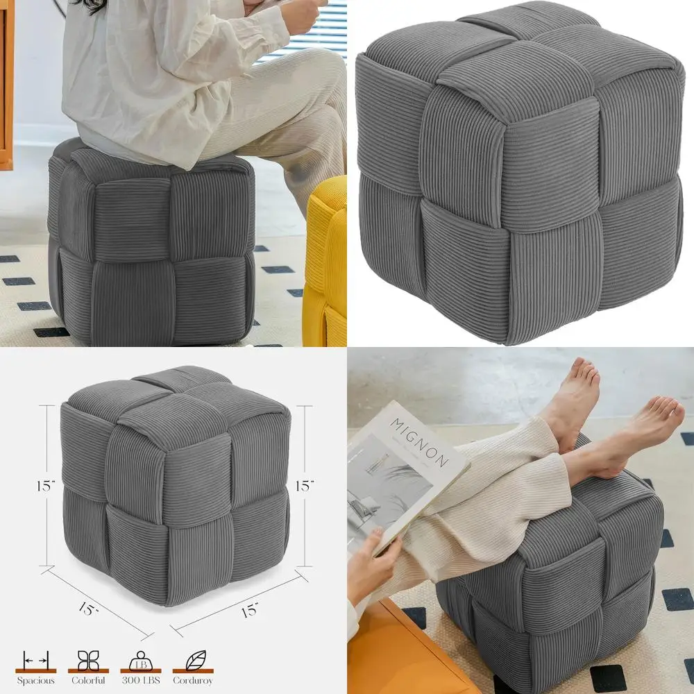 

Grey Square Corduroy Ottoman with Soft Comfort for Sofa and Foot Rest