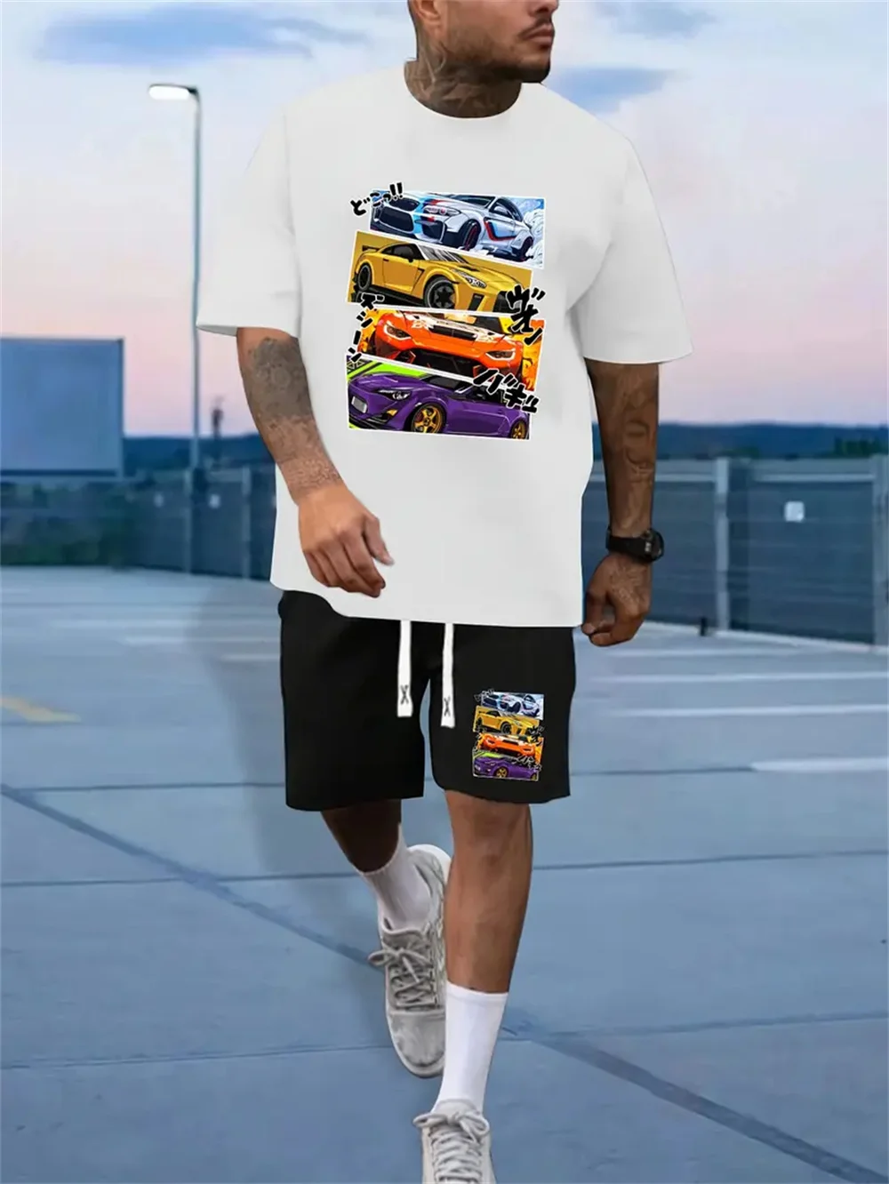 Summer Men's Fashion Two-piece Summer 3D Printing Shorts Set Student Short Sleeve Cartoon Car Print T-shirt Two Men's Clothes