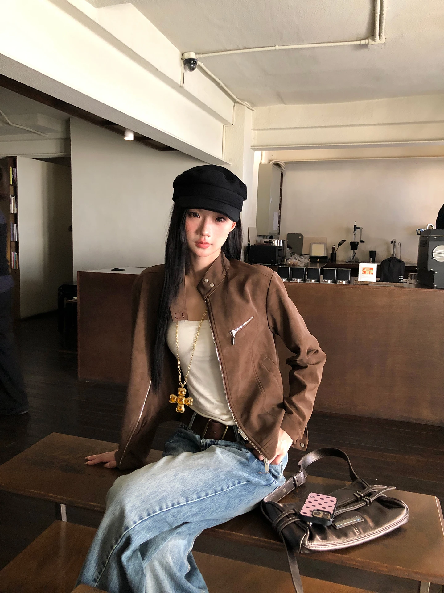 Red Celebri Club Women's Leather Jaet ort Coffee Unique Beautiful Meral Jaet Commute Sle Straight Tube ort Length...