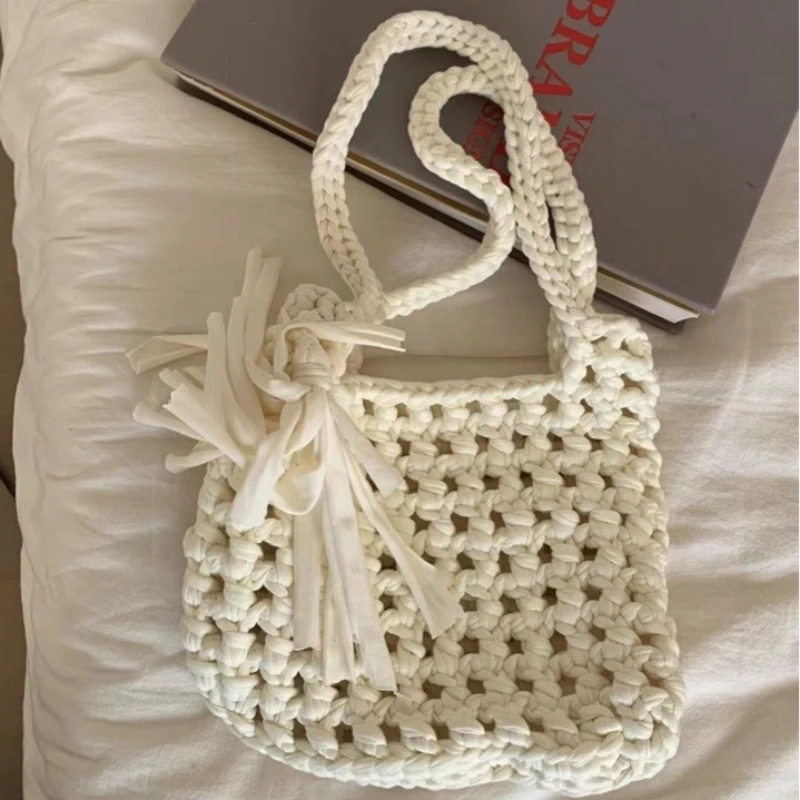 2023  New Hollowed Out One Shoulder Female Bag Small Fresh Cloth Bag Handmade Finished Product Bag Pure Hand-Woven Bag