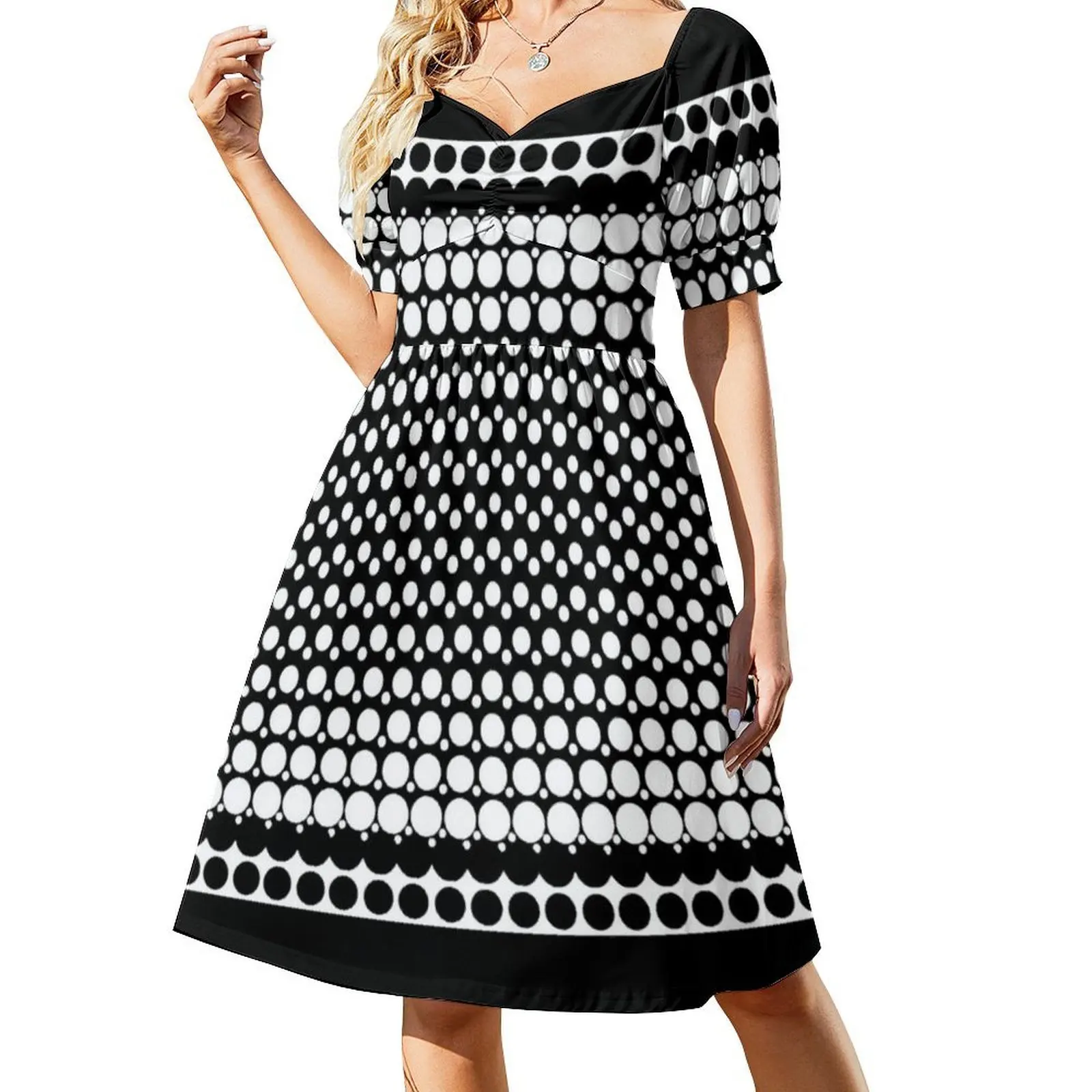 أبيض وأسود البوب النقاط 4 فستان بصدر مفتوح فستان حفلة صيفي أنيق للنساء أبيض وأسود نصف لهجة النقاط البولكا #2