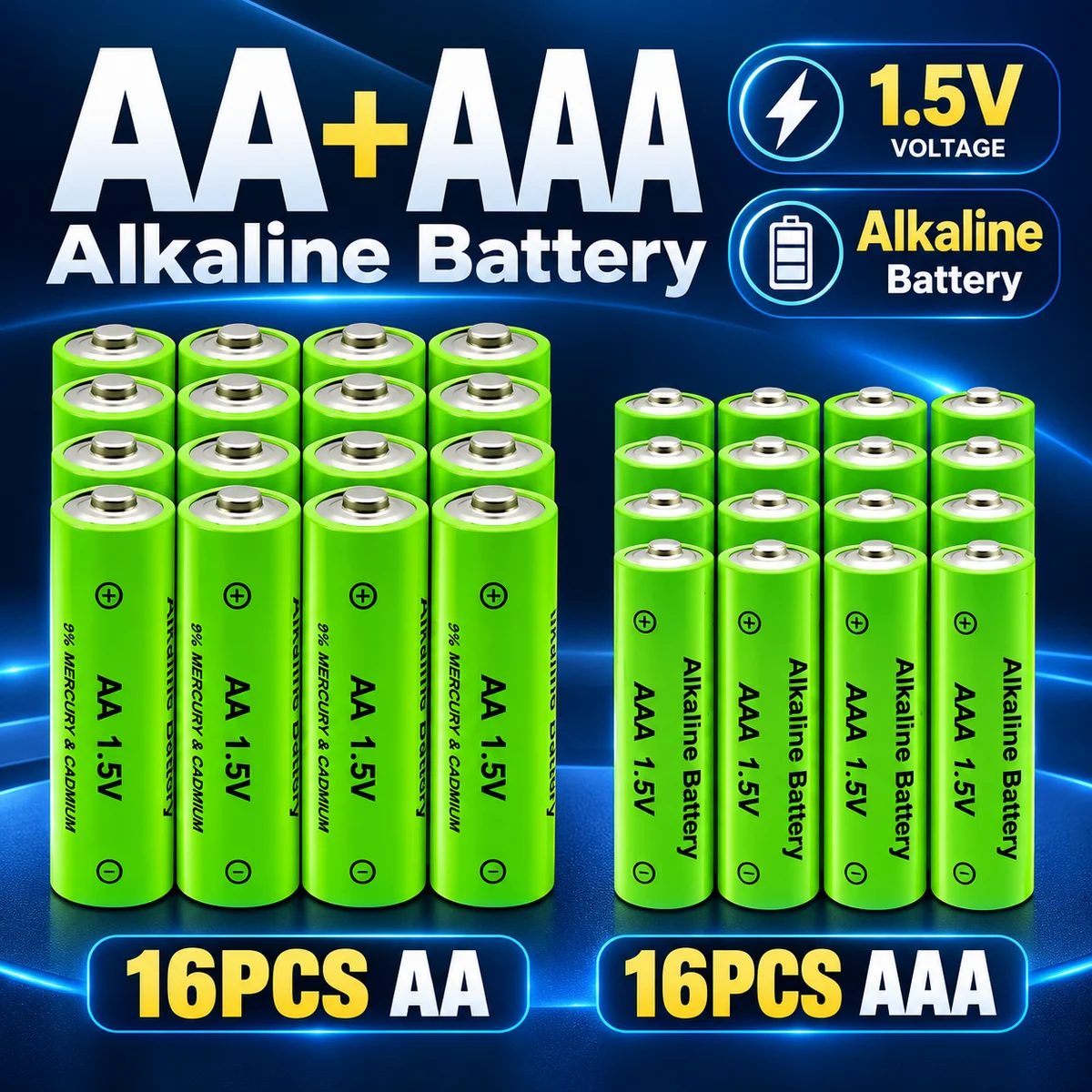AA and AAA 1.5V 3000mAh Rechargeable Alkaline Batteries for Flashlights, Toys, Watches and MP3 Players, Ni-MH Replacement