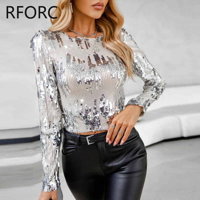 2023 Women Solid Sequins Long Sleeves Skinny Short Pullovers Tops