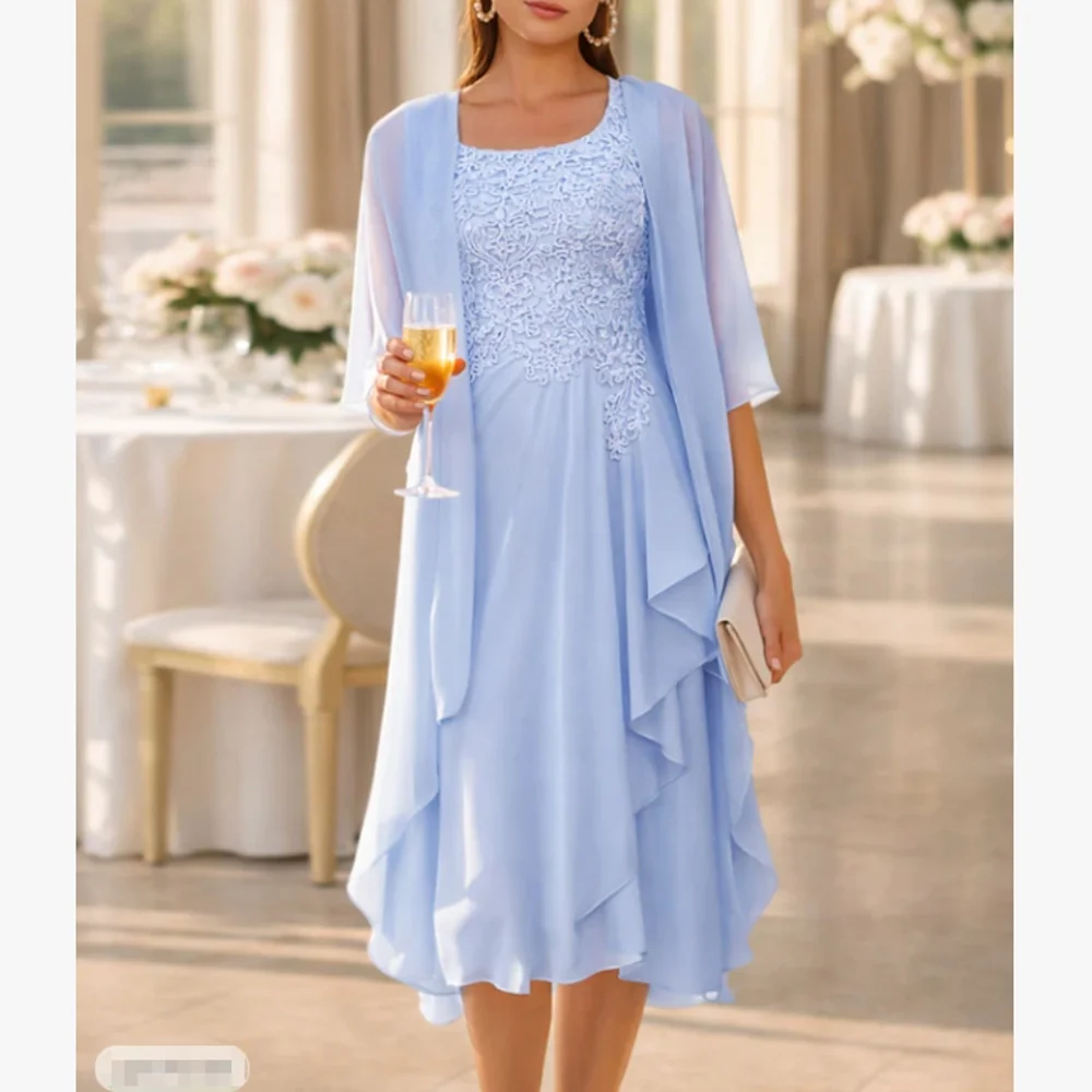 

Customized 2 Pieces Elegant Mother of the Bride Dresses Scoop-Neck Knee-Length A-Line Wedding Guest Party Groom Dress 2026
