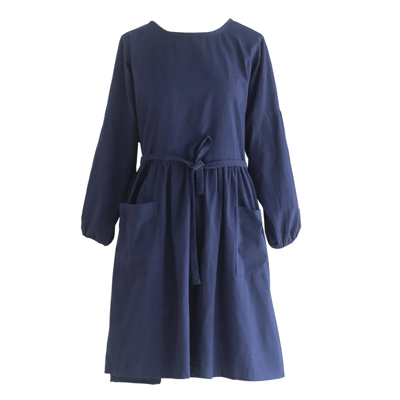 مريلة مطبخ عكسية للسيدات يابانية وكورية مصنوعة من القطن بالكامل مقاومة للماء وأكمام طويلة مع حزام خصر للتخسيس