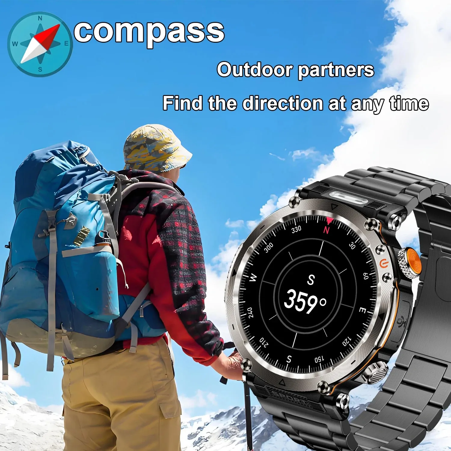 5ATM مقاوم للماء ساعة ذكية الرجال 600mAh في الهواء الطلق SmartWatch GPS البوصلة معدل ضربات القلب مصباح ليد جيب بلوتوث دعوة الرياضة Smartwatch