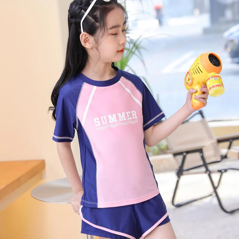 Girls Swimsuit 2 Piece Sets Summer Beach Breathable Bathing Suit Short Sleeve Swimwear with Swimming Trunks