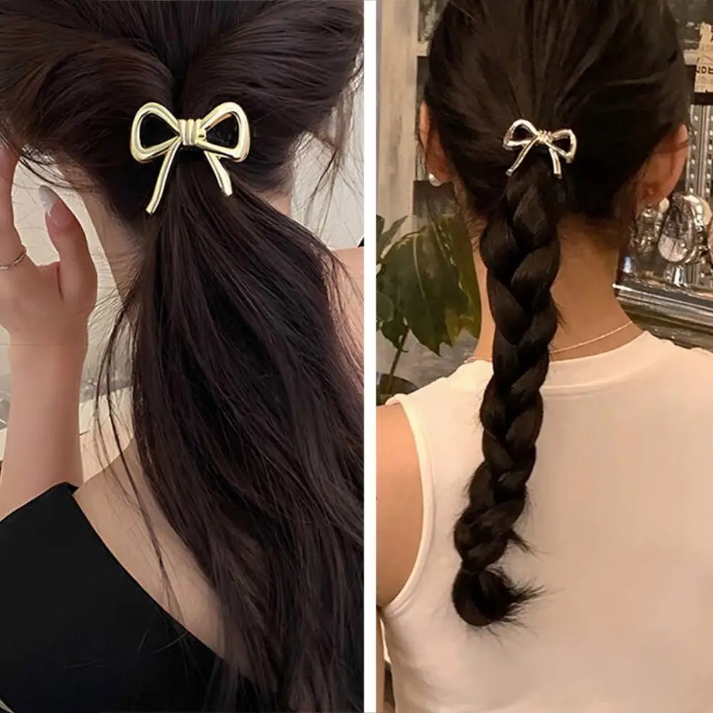 Korean Exquisite Metal Bow Hair Rope for Women Ponytail Headstring Elastic Hair Band Simple Elegant Hair Tie Hair Accessori U4R5