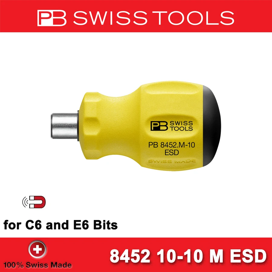 PB SWISS TOOLS Swiss Grip Stubby Bit Holder with Magnet ESD 65mm PB 8452 10-10 M ESD