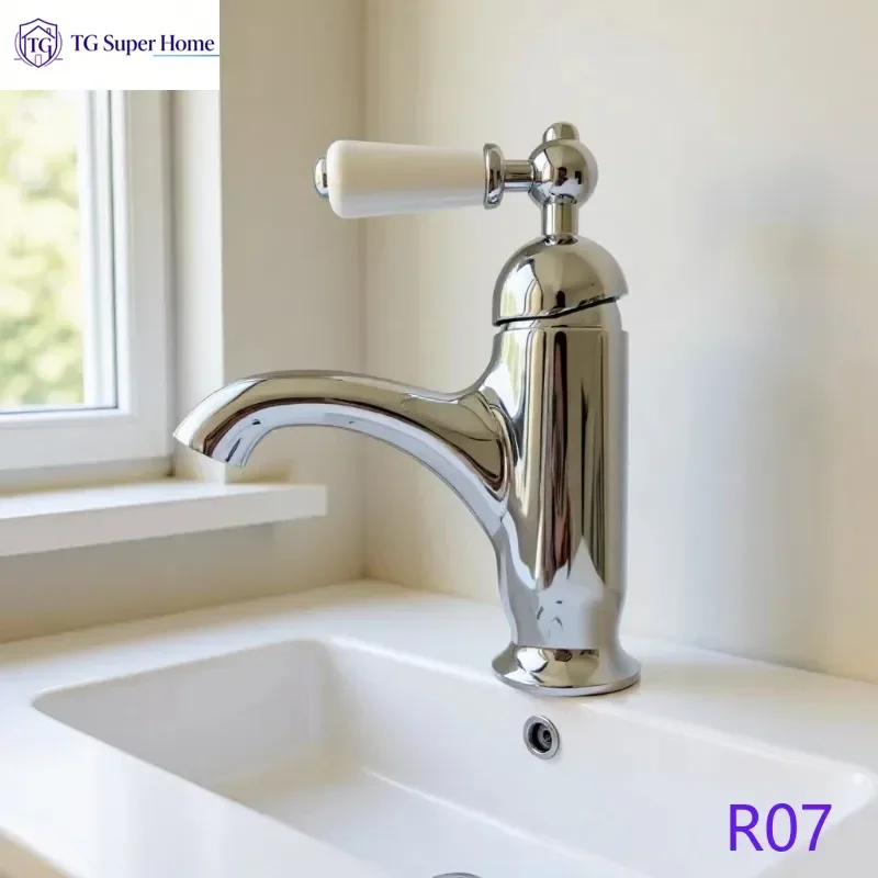 New British Silver French Retro Solid Brass Basin Faucet, Gold Ceramic Handle Bathroom Sink Tap