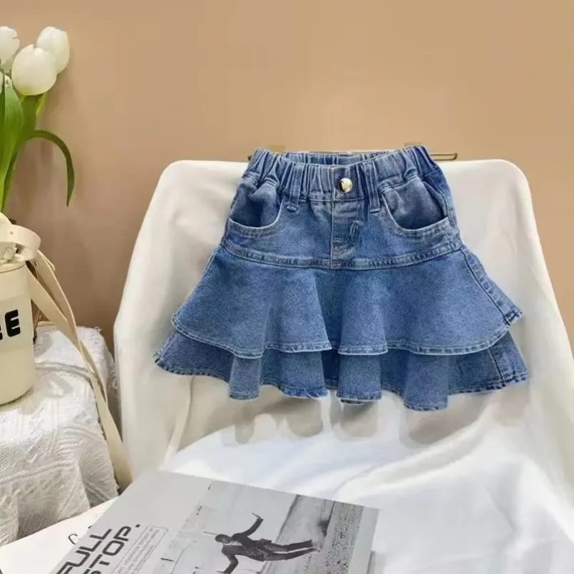 New Kids Girls' Denim Short Skirt Korean Edition Children's Fashion Ruffled Half Skirt Children's Spring  Denim Skirt