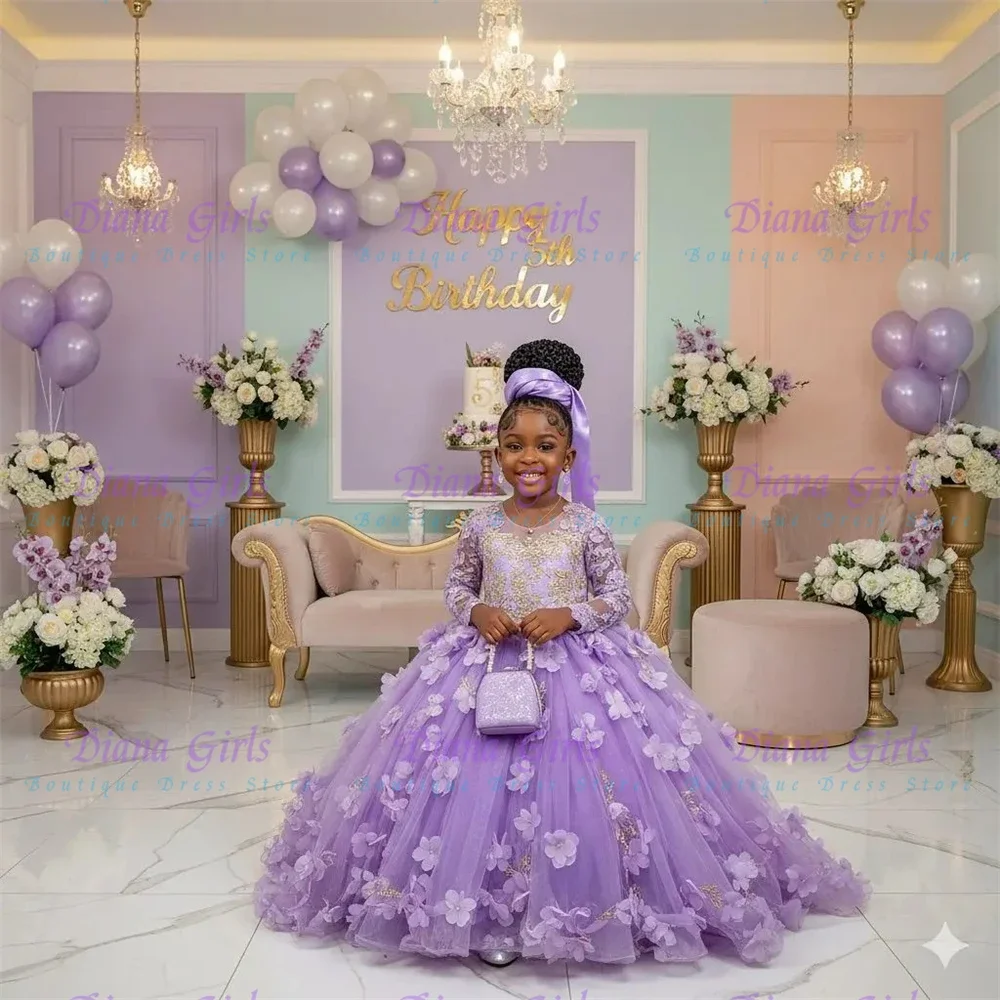 

Качественное роскошное лавандовое платье с цветочным узором для девочек, тюлевые пышные бальные платья с цветочной аппликацией для детей, вечерние платья на день рождения
