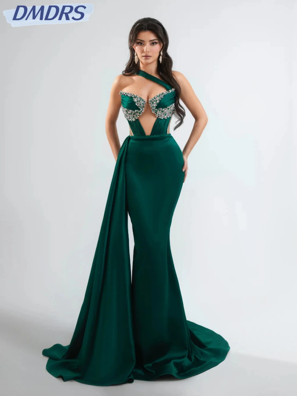 

Emerald Green Sparkling Crystal Evening Dress Graceful Satin Mermaid Long Wedding Party Gown Customized Side Train Prom Dresses