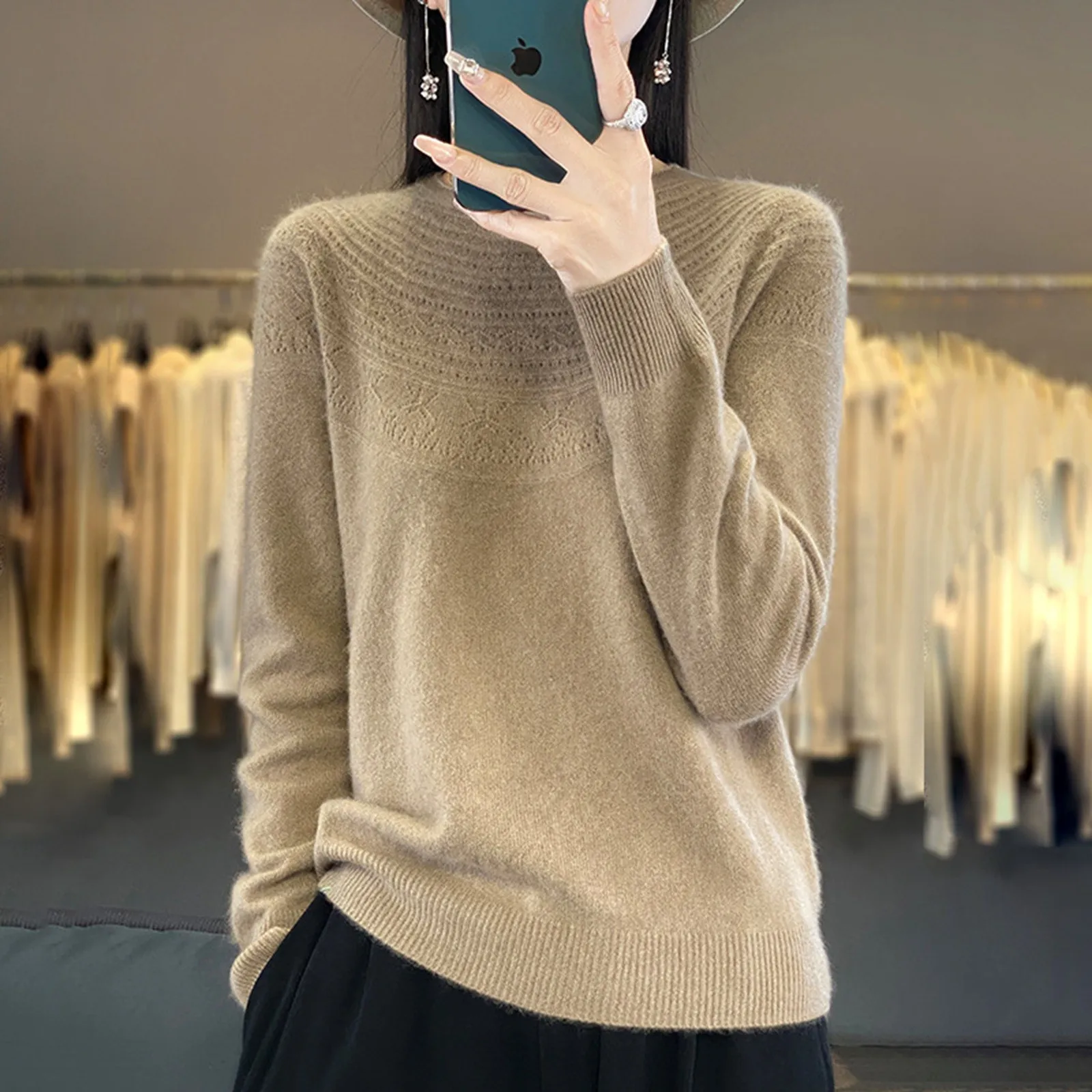 Women's First-Line Ready-To-Wear Cashmere Sweater 2024 Lady Loose Knitting Autumn Winter Western Style Solid Color Sweaters