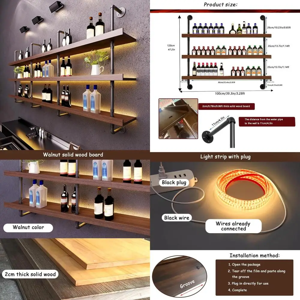 

Large 3-Tier Wall-Mounted Solid Wood Wine Rack with LED Lighting for Liquor Bottle Display and Storage