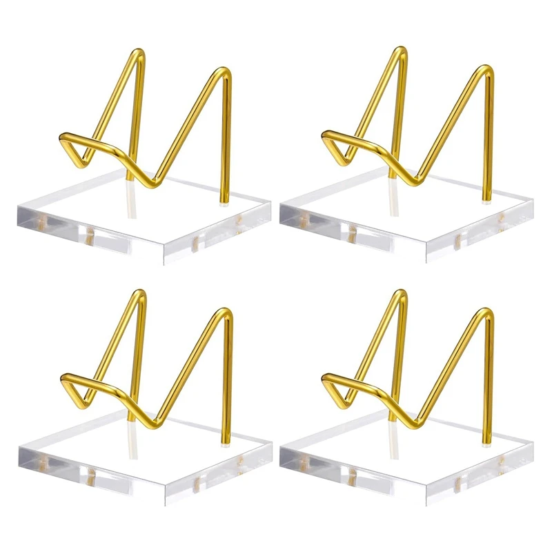 4 Pcs Acrylic Display Stand With Gold Metal Arms Display Pedestal With Acrylic Base Decorative Gold Easel Stand Mineral