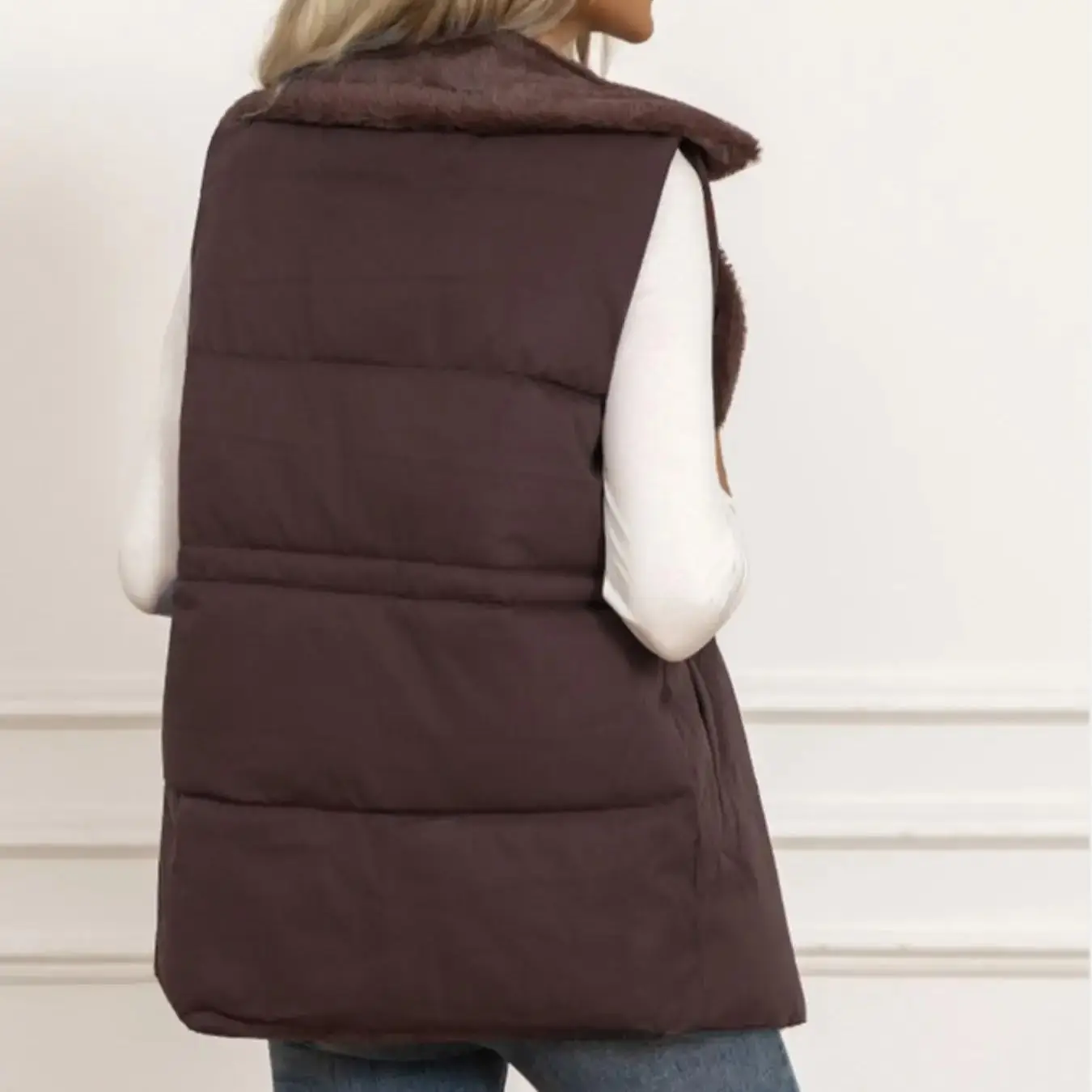 Women's Warm Fleece Lined Puffer Vest Sleeveless Lapel Collar Gilet with Drawstring Waist
