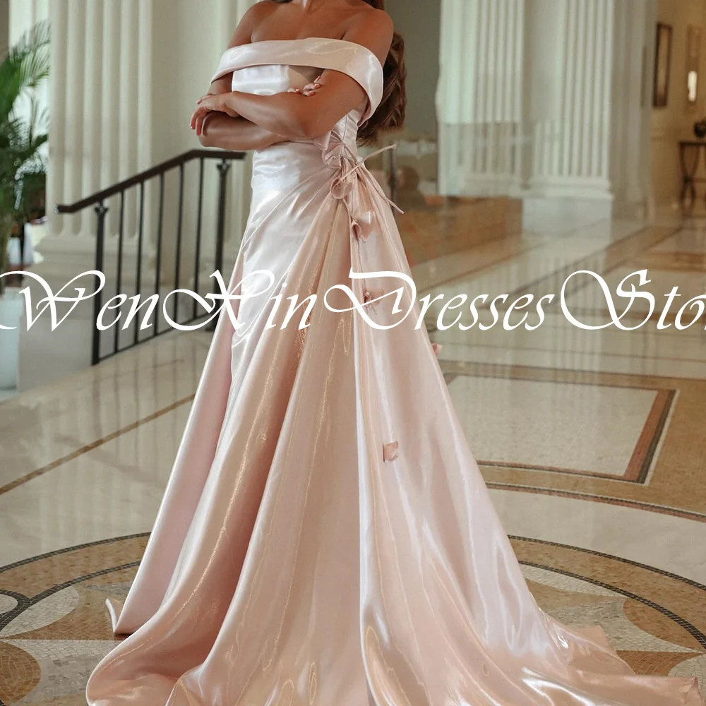 Elegant Luxury Evening Dress 2024	Off the Shoulder 3D-Flowers Satin Lace Up A-Line Sweep Train Chapel Train Bespoke Occasion