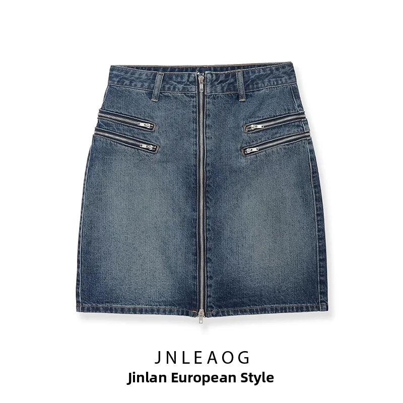 JNLEAOG Summer New Women's Fashion Zipper Casual Midi Skirt Standard Waist Denim Personality Style Polyester Fiber Washed