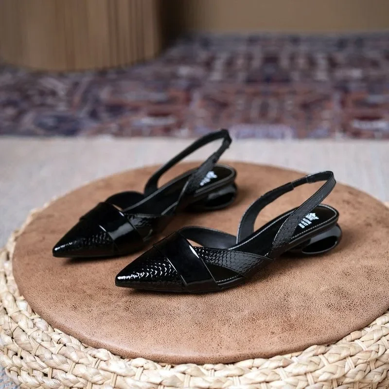 Luxury Patent Leather Women\'s Pumps Low Heeled Hollowed Out Thick Soles High-end Silvery Sandals Woman 2026 Pointed Single Shoes
