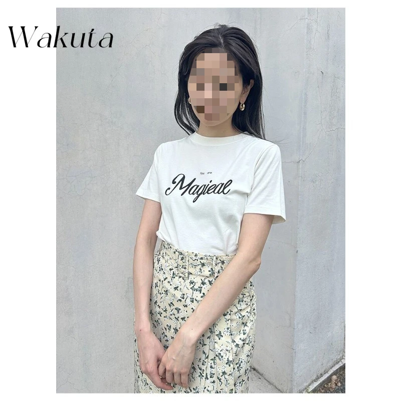 Wakuta Japanese Simple O Neck Short Sleeve Solid T-Shirt Fashion Casual Letter Printed Short Sleeve Top Футболка Смешная Y2k Top