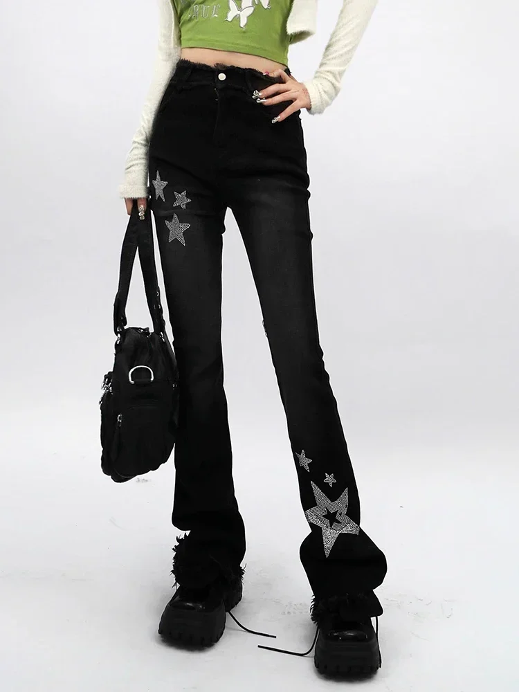 Punk Black Slight Flare Long Baggy Jeans Women Spring New Design Star Diamonds Stamping Rip Goth Slim Mopping Denim Pants Capris