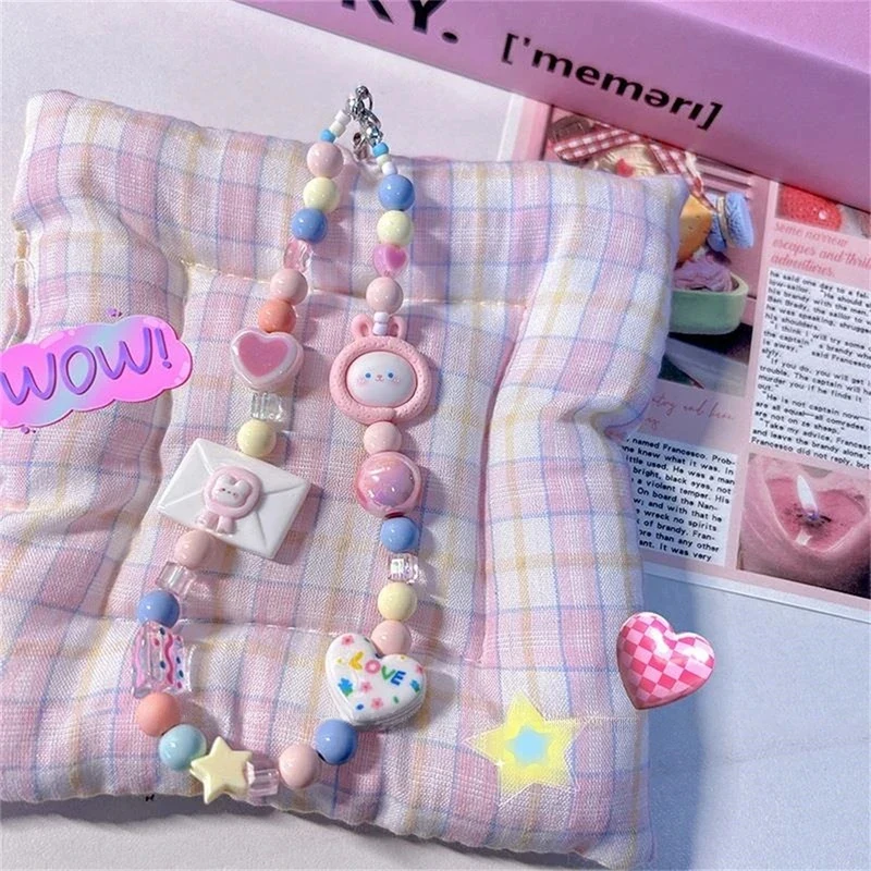 

Super Cute Pink Rabbit Love Heart Star Beaded Phone Chain Charms Lanyard For iPhone Hanging Rope Girls Earphone Case Pendant